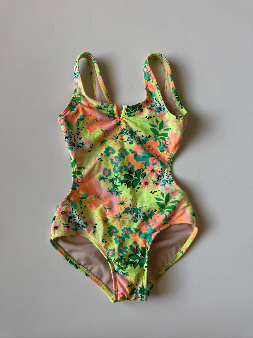Girls Neon Floral One-Piece Swimsuit - Lime Green & Coral Pink